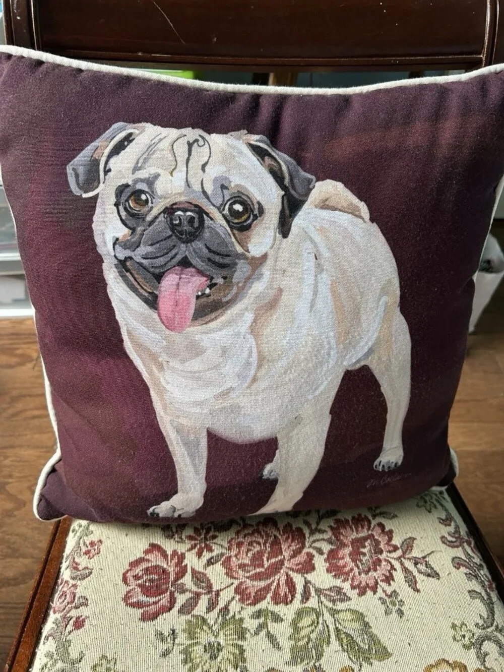 Printed Pug Throw Pillow 18x18 Burgundy